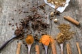 Herbs and spices on a wooden board. Spice spoon. Royalty Free Stock Photo