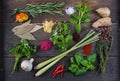 Herbs and spices on wooden table