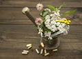 Herbs and a thermometer in a copper mortar and pestle, capsules and pills scattered around Royalty Free Stock Photo