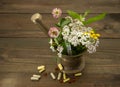 Herbs and a thermometer in a copper mortar and pestle, capsules and pills scattered around Royalty Free Stock Photo