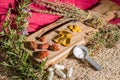 Herbs and wild flowers, pills and natural medicines Royalty Free Stock Photo