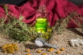 Herbs and wild flowers, pills and natural medicines Royalty Free Stock Photo