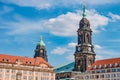 Herbstmarkt and Holy Cross Church bell and clock tower. Panoramic cityscape of beautiful modern Dresden. Historical, touristic and Royalty Free Stock Photo