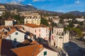 Herceg Novi town and Kotor bay, aerial drone view of Herzeg Novi panorama, Montenegro, with old town scenery, fortress mountains,