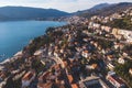 Herceg Novi town and Kotor bay, aerial drone view of Herzeg Novi panorama, Montenegro, with old town scenery, fortress mountains,