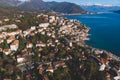 Herceg Novi town and Kotor bay, aerial drone view of Herzeg Novi panorama, Montenegro, with old town scenery, fortress mountains,