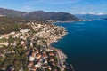 Herceg Novi town and Kotor bay, aerial drone view of Herzeg Novi panorama, Montenegro, with old town scenery, fortress mountains,