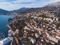 Herceg Novi town and Kotor bay, aerial drone view of Herzeg Novi panorama, Montenegro, with old town scenery, fortress mountains, Royalty Free Stock Photo