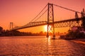 Hercilio luz bridge with warm sunset and reflection on water in Florianopolis