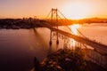 Hercilio luz bridge with sunset in Florianopolis, Brazil. Aerial view
