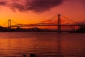 Hercilio luz cable stayed bridge and sunset with bright sky in Florianopolis