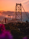 Hercilio luz cable stayed bridge with sunset sky in Florianopolis