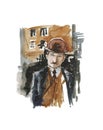 Hercule Poirot portrait, aquarell and markers Royalty Free Stock Photo