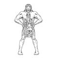 Hercules Hold Bottle Octopus Inside Drawing Black and White