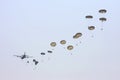 Hercules plane drops many parachute troopers Royalty Free Stock Photo