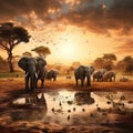 A herd of African elephants drinking at a muddy waterhole