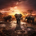 A herd of African elephants drinking at a muddy waterhole Royalty Free Stock Photo