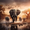 A herd of African elephants drinking at a muddy waterhole Royalty Free Stock Photo