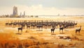 Herd of Antelopes Grazing in Arid Landscape with Distant Structures Royalty Free Stock Photo