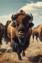 herd of bison on the open plains, in the style of aggressive digital illustration, dusty piles