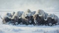A Herd of Bison Resting in a Snowy Field Royalty Free Stock Photo