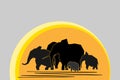 Herd of black abstract silhouettes of elephants in the background of big orange sun isolated on grey background. Wildlife Royalty Free Stock Photo