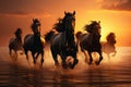 Herd of black horses galloping on the beach at sunset Royalty Free Stock Photo