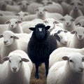 A herd of black sheep with a white one in the middle, generative AI Royalty Free Stock Photo