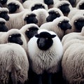 A herd of black sheep with a white one in the middle, generative AI Royalty Free Stock Photo