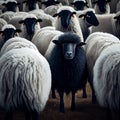 A herd of black sheep with a white one in the middle, generative AI Royalty Free Stock Photo