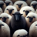 A herd of black sheep with a white one in the middle, generative AI Royalty Free Stock Photo