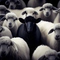 A herd of black sheep with a white one in the middle, generative AI