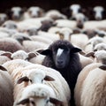 A herd of black sheep with a white one in the middle, generative AI Royalty Free Stock Photo