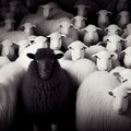 A herd of black sheep with a white one in the middle, generative AI Royalty Free Stock Photo