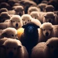 A herd of black sheep with a white one in the middle, generative AI Royalty Free Stock Photo