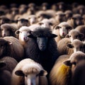 A herd of black sheep with a white one in the middle, generative AI Royalty Free Stock Photo