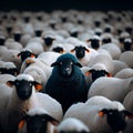 A herd of black sheep with a white one in the middle, generative AI Royalty Free Stock Photo