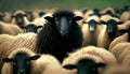 A herd of black sheep with a white one in the middle. Generative AI Royalty Free Stock Photo