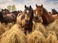 Herd of brown horses eating dry hay