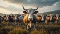 Herd of Brown and White Cows in a Green Field at Sunset Royalty Free Stock Photo