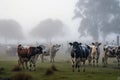 a herd of cattle grazes on a foggy morning in the farm fields