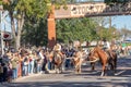 A herd of cattle parading through the Fort Worth Stockyards accompanied by cowboys on horseback Royalty Free Stock Photo