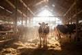 Herd of cows in cowshed on dairy farm. Agriculture industry, farming and animal husbandry concept