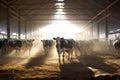 Herd of cows in cowshed on dairy farm. Agriculture industry, farming and animal husbandry concept