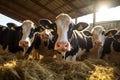 Herd of cows on a farm. Dairy cows in the barn, Group of cows at cowshed eating hay or fodder on dairy farm, AI Generated