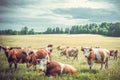 A herd of cows grazes on a green meadow. Royalty Free Stock Photo