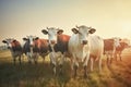 Herd of cows grazing on a farmland. Dairy cows. Sustainable farming.