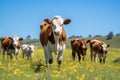 Herd of cows grazing in a meadow on a sunny day, Herd of cow and calf pairs on pasture on the beef cattle ranch, AI Generated Royalty Free Stock Photo