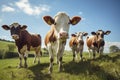 Herd of cows on a green meadow in sunny summer day, Group of cows standing in a grassy field, AI Generated Royalty Free Stock Photo