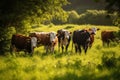 A herd of cows standing on top of a lush green field. Generative AI image. Royalty Free Stock Photo